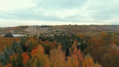 Small modern castle on a hill in the fall. Stock Footage 117910923