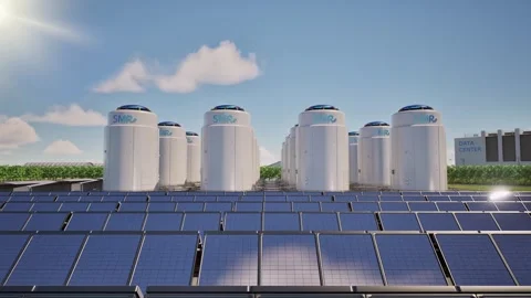 Small modular nuclear reactors power plant with solar panels for data center Video stock 335194716