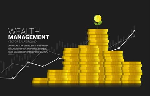 Small money tree at top of stack coin dollar with growing graph. Concept of s Stock Illustration
