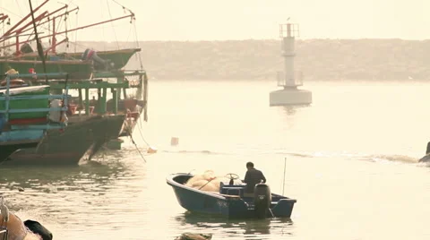 Small motorboat.  Hong Kong fishing village. Stock Footage 59377940