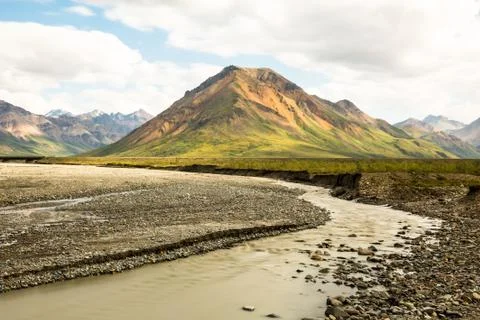 Small mountain and river inside Denali National Preserve Stock Photos