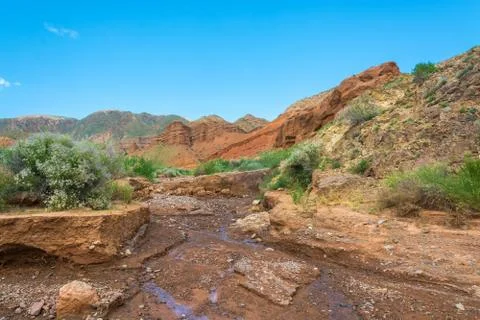 Small mountain river in the Aeolian mountains, Kyrgyzstan. Stock Photos