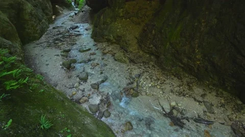 Small mountain river with crystal clear water. Water flows over the stones Stock Footage 173675733