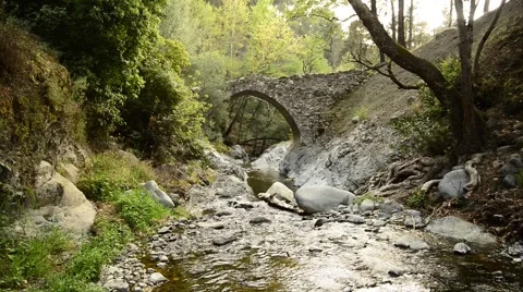 Small mountain river flows under the medieval Venetian bridge Video stock 63399647