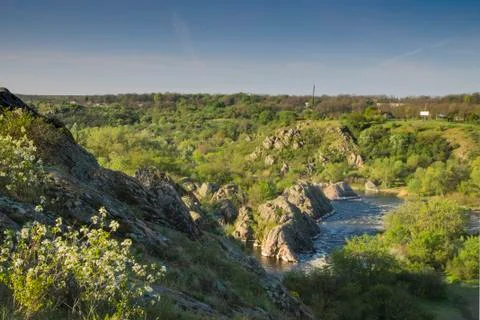 Small mountain river. Landscape with stream flowing between rocks. Water in Stock Photos