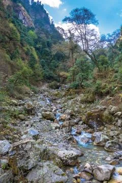 A small mountain river in Nepal. Stock Photos