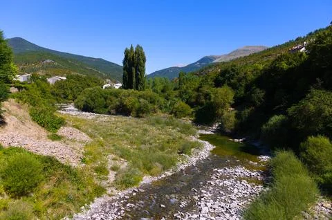A small mountain river surrounded by forest Foto stock