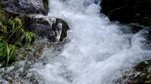 Small mountain stream close up slow motion video Stock Footage 99726292
