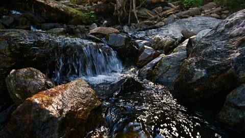 Small mountain stream flowing over wet rocks and waterfall Stockbeeldmateriaal 346683124