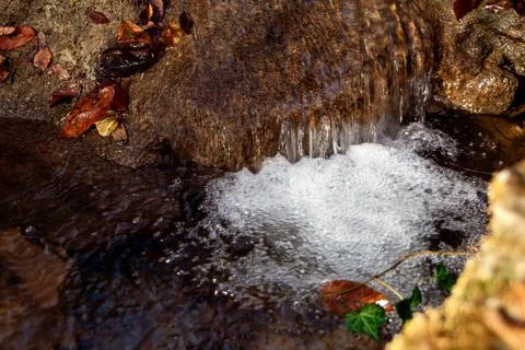 A small mountain stream flows over the stone. Stock Photos