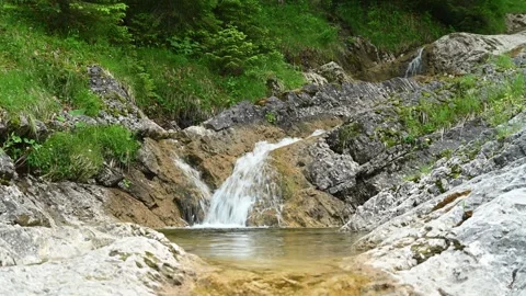 A small mountain stream flows into a pond Video stock 260869195