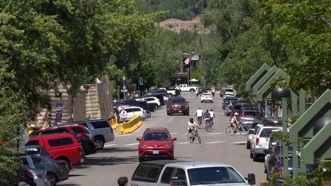Small mountain twon, Midsummer looking down main Street. Stock Footage 117187056