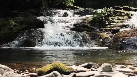 Small mountain waterfall with clear water which flowing in the pond Stock Footage 119657291
