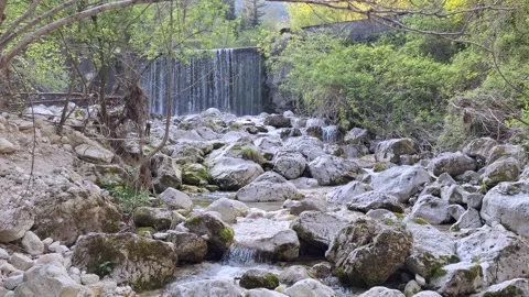 Small Mountain Waterfall with Rocks and Flowing River in Italian Alps Stock Footage 308192210