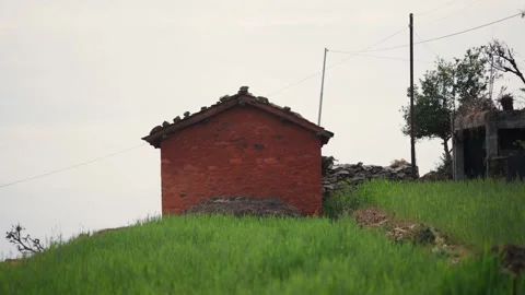 Small mud brick house on green hillside in Nepal Stock Footage 342136154
