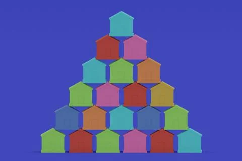 Small multi-colored houses are stacked in a pyramid shape on blue background Stock Illustration