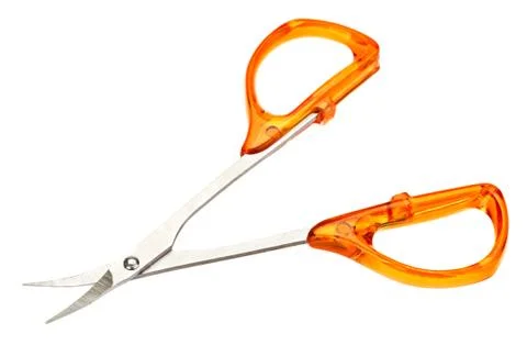 Small nail scissors with yellow plastic handles isolated on white 스톡 사진