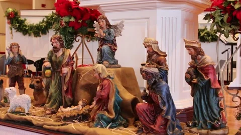 Small nativity scene on communion table in church sanctuary Stock Footage 45120243