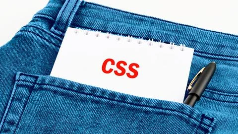 A small notebook labeled CSS is placed in the back pocket of blue denim jeans 스톡 사진