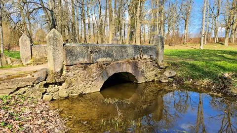 Small old stone bridge over stream on the outskirts of the village Foto stock