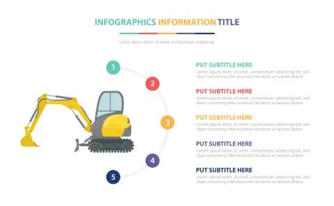 Small or mini excavators infographic template concept with five points list a Stock Illustration