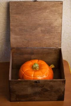 Small orange ceramic pumpkin sugar-bowl. For pumpkin porridge Stock Photos