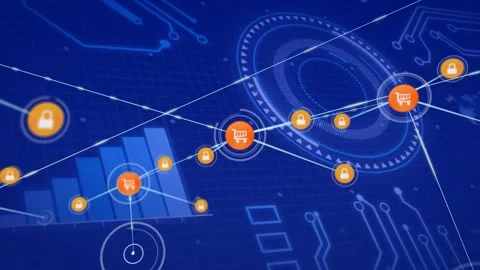 Small orange dot appearing, connecting to HUD, growing cart and lock network Stock Footage 331214454