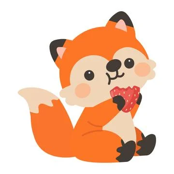 Small orange fox sitting and eating fresh strawberry fruit Stock Illustration