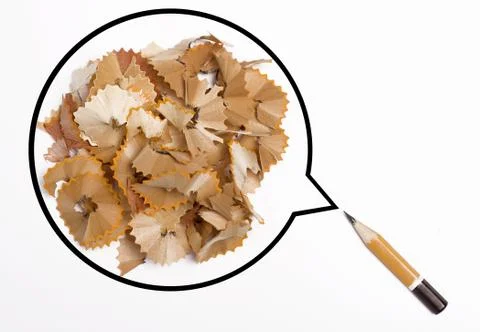 Small orange pen with a speech bubble filled with wood shards isolated on white  Stock-Fotos