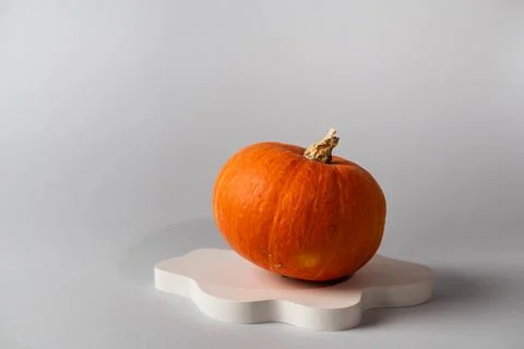 Small orange pumpkin on grey background with copy space. Concept celebration  Stock Photos