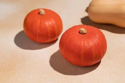 Small orange pumpkins on beige background with copy space. Stock Photos