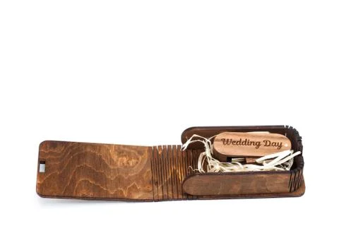 Small packaging for USB-drive from light wood. Wooden box with USB-storage fo Stock Photos