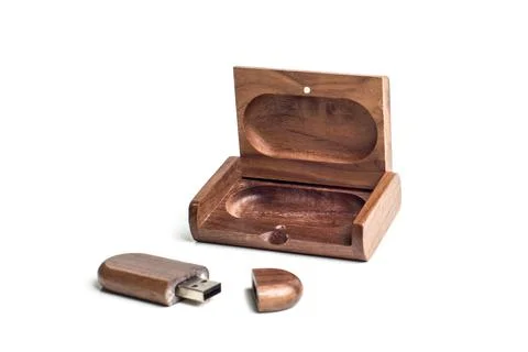 Small packaging for USB-drive from light wood. Wooden box with USB-storage .. Stock Photos