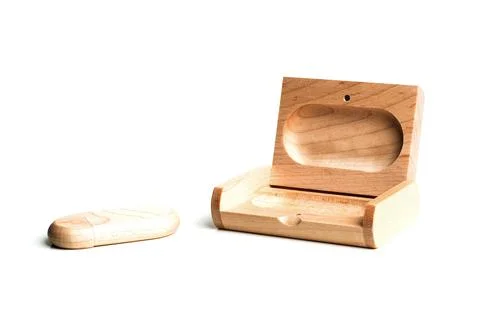 Small packaging for USB-drive from light wood. Wooden box with USB-storage .. Stock Photos