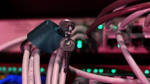 Small padlock over UTP cables in the server Video stock 100968693