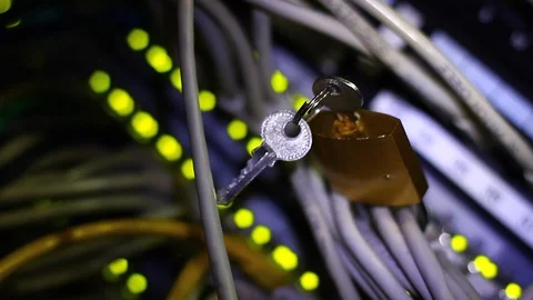 Small padlock over UTP cables in the server Video stock 100973972