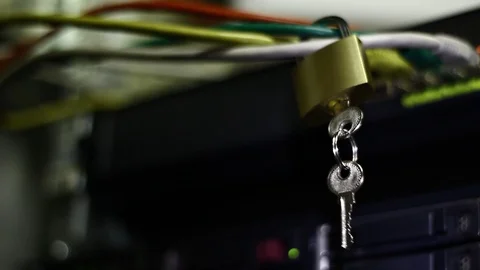 Small padlock over UTP cables in the server Video stock 100973994