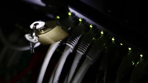 Small padlock over UTP cables in the server Video stock 100973997