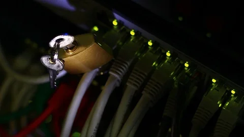 Small padlock over UTP cables in the server Video stock 100974128