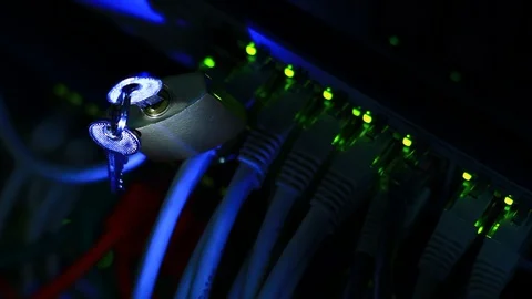 Small padlock over UTP cables in the server Video stock 100974139