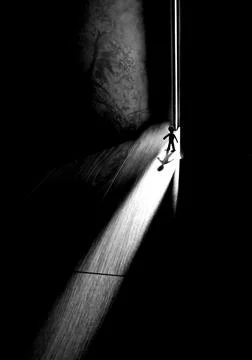 Small paper man opened the door to a dark room Stock Photos