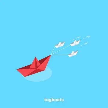 Small paper ships tow a large red boat, an isometric image Stock Illustration