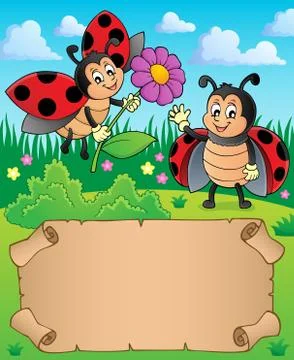 Small parchment with happy ladybugs Stock Illustration