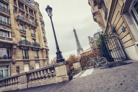 Small paris street view of the Eiffel Tower in paris, france Stock Photos