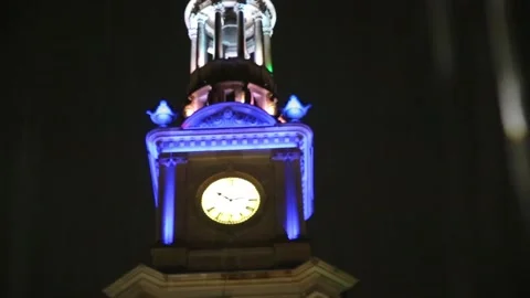 Small part of Sydney Town Hall is lit up in blue for Ukraine Stock Footage 170938412