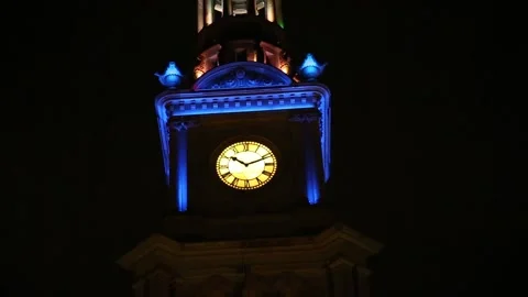 Small part of Sydney Town Hall is lit up in blue for Ukraine Stock Footage 170938418