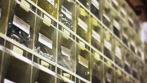 Small Parts Storage Bins Full of Screws, Workshop Shelf, Sliding Close Up Stock Footage 340328637