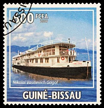 Small passenger ship on postage stamp Stock Photos