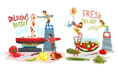Small People Characters Cooking Giant Food Making Salad in Bowl and Noodles in Stock Illustration