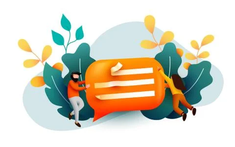 Small people flying around chat bubble. Talking couple. Online messenger or Stock Illustration